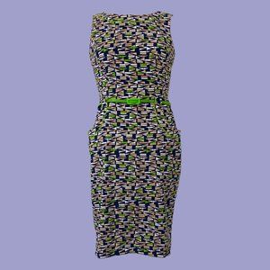 London Times Belted Green Navy Tan White Geometric Dress Womens US 6